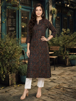 Rangita - Navy Blue Floral Cotton Regular Kurta