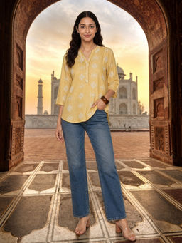 Rangita - Yellow Printed Rayon Regular Tunic