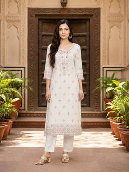 Rangita - White Embroidered Rayon Regular Kurta