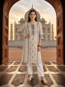 Rangita - Beige Embroidered Rayon Regular Kurta