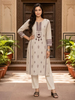 Rangita - Beige Embroidered Cotton Regular Kurta