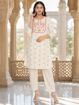 Rangita - Off White Embroidered Rayon Regular Kurta