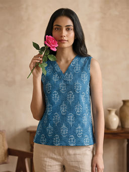 COTTONS DAILY - Blue Printed Pure Cotton Regular Top