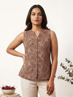 COTTONS DAILY - Grey Printed Pure Cotton Regular Top