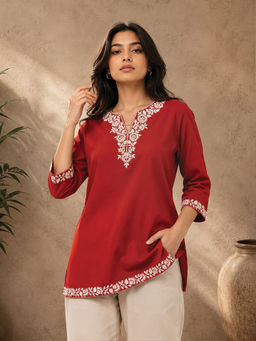 COTTONS DAILY - Red Floral Pure Cotton Regular Kurti