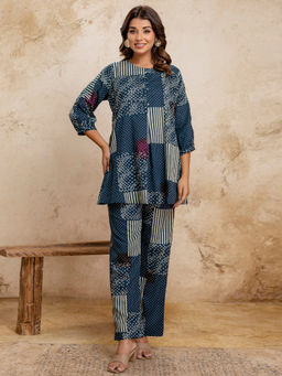 Anurang - Blue Printed Cotton Straight Kurta and Pant