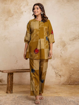 Anurang - Mustard Printed Cotton Straight Kurta and Pant