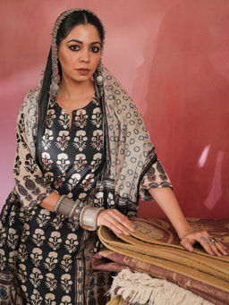 Namastika - Black Printed Cotton Kurta with Pant and Dupatta
