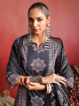 Namastika - Charcoal Printed Cotton Kurta with Pant and Dupatta