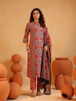 Namastika - Red Printed Cotton Kurta with Pant and Dupatta