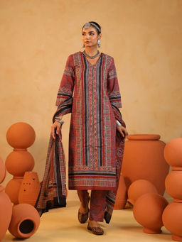 Namastika - Brown Printed Cotton Kurta with Pant and Dupatta