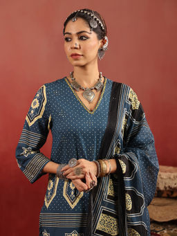 Namastika - Teal Printed Cotton Kurta with Pant and Dupatta