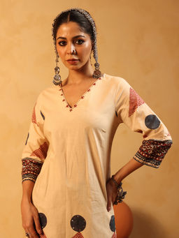 Namastika - Beige Printed Cotton Kurta with Pant and Dupatta