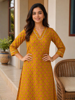 Anastay Clothing - Mustard Floral Cotton Regular Kurta
