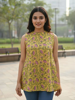 Anastay Clothing - Yellow Floral Cotton Regular Tunic