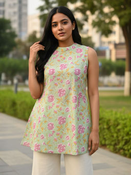Anastay Clothing - Green Floral Cotton Regular Tunic