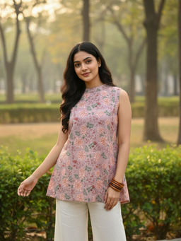 Anastay Clothing - Pink Floral Cotton Regular Tunic