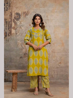 Anurang - Mustard Printed Cotton Regular Kurta and Pant