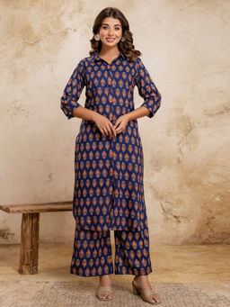 Anurang - Navy Blue Printed Cotton Regular Kurta and Palazzo