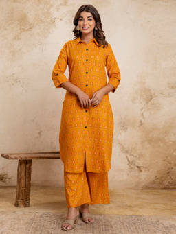 Anurang - Mustard Printed Cotton Regular Kurta and Palazzo
