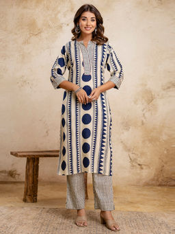 Anurang - Navy Blue Printed Cotton Regular Kurta and Pant