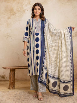 Anurang - Navy Blue Printed Cotton Kurta with Pant and Dupatta