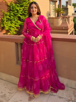 Lavanya The Label - Pink Printed Georgette Flared Anarkali Kurta and Dupatta