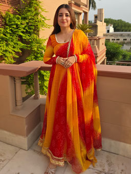 Lavanya The Label - Yellow Printed Georgette Flared Anarkali Kurta and Dupatta