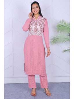 KNITZY - Pink Self Design Wool Regular Kurta and Pant