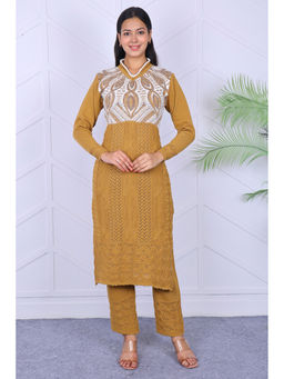 KNITZY - Mustard Self Design Wool Regular Kurta and Pant