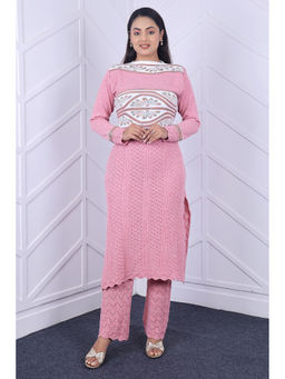 KNITZY - Pink Self Design Wool Regular Kurta and Pant
