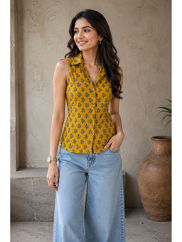 Kaori By Shreya - Yellow Floral Cotton Straight Top