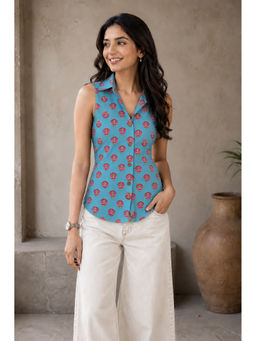 Kaori By Shreya - Blue Floral Cotton Straight Top