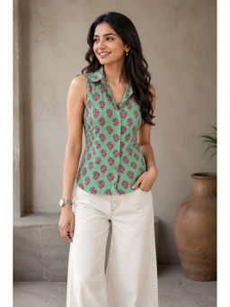 Kaori By Shreya - Green Floral Cotton Straight Top