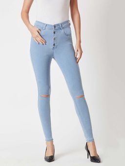 Miss Chase - Women's Light Blue Skinny High-Rise Distressed Regular Denim Jeans