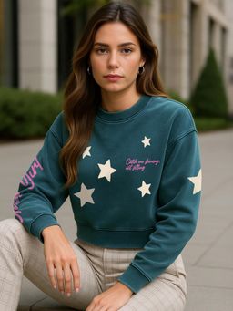 Bewakoof - Women Teal Green Star Girl Printed Oversized Acid Wash Crop Sweatshirt