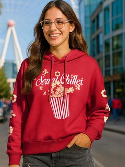 Bewakoof - Women Salsa Red Serial Chiller Printed Oversized Crop Hoodie