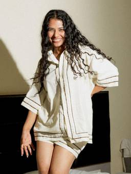 NISHORAMA - Women Beige Cotton Linen Blend Shirt and Shorts