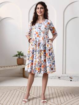 BRINNS - Women White Rayon Knee Length Dress
