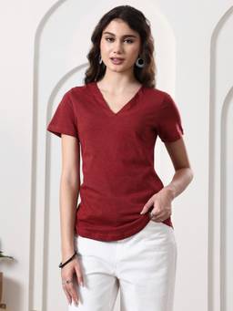 BRINNS - Women Maroon Cotton T-Shirt