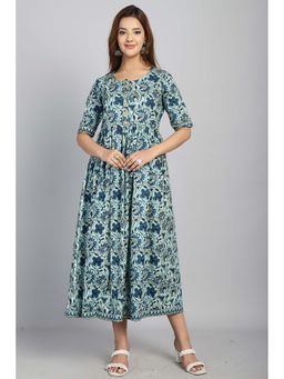 Rajnandini - Women Sea Green Pure Cotton Jaipuri Printed Maxi Dress