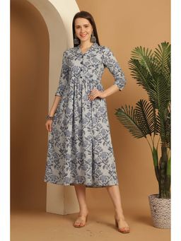 Rajnandini - Women Light Blue Pure Cotton Jaipuri Printed Maxi Dress