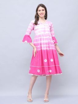 Rajnandini - Women Pink and White Pure Cotton Tie-Dye Shibori Printed Dress