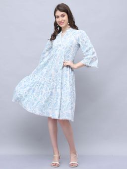 Rajnandini - Women White and Sky Blue Pure Cotton Jaipuri Printed Dress