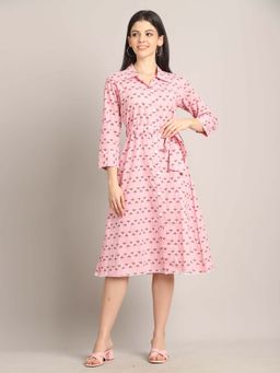 Rajnandini - Women Light Pink Pure Cotton Jaipuri Printed Dress with Belt
