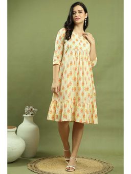 Rajnandini - Women Beige Pure Cotton Jaipuri Printed Dress