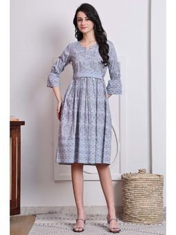 Rajnandini - Women Grey Cotton Jaipuri Printed Dress with Belt