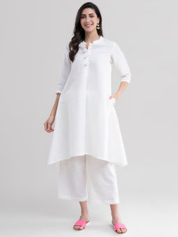 Pink Fort - Flared Linen Kurta - White