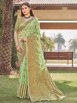 Odette - Womens Green Cotton Woven Design Saree with Unstitched Blouse