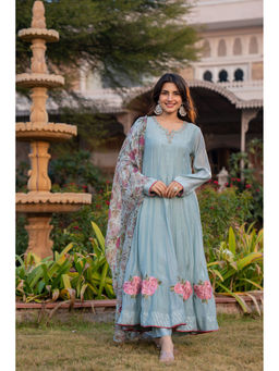 WOOMN - Blue Chanderi Anarkali Kurta & Pant with Dupatta
